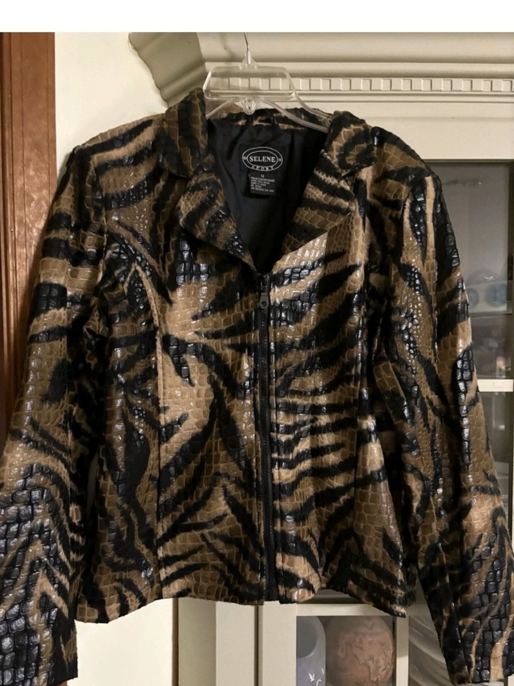 Selene Sport Faux-Leather Animal Print Zip Jacket in Brown & Black Size 6